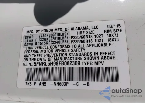 2015 Honda Odyssey Touring/Touring Elite z USA, uszkodzony, nr VIN 5FNRL5H98FB082309